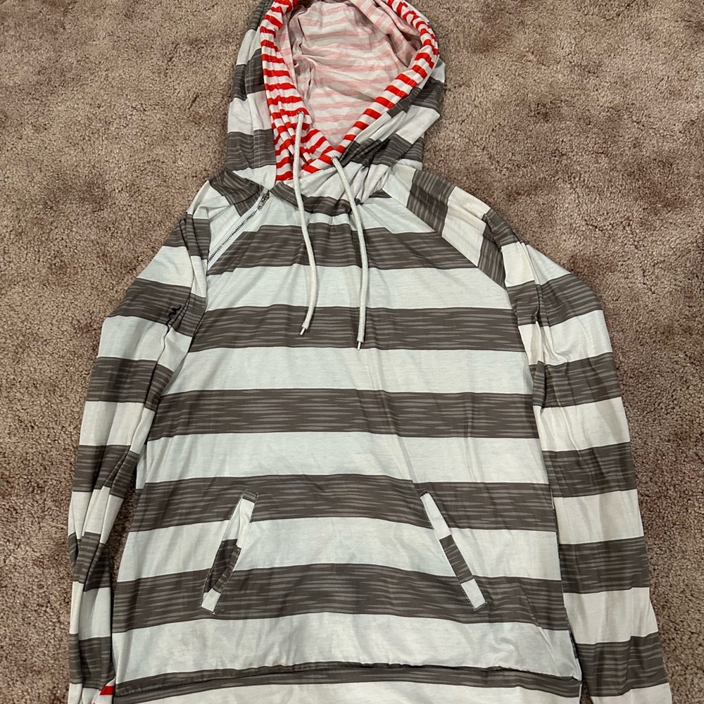 SHEIN Gray and White Striped Long Sleeve Hoodie